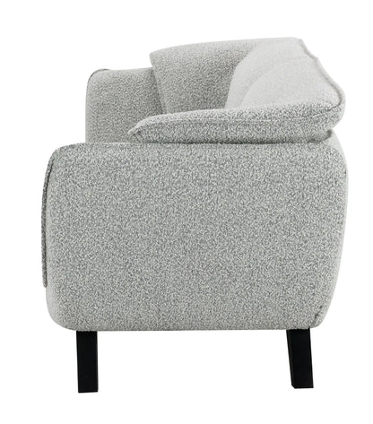 Nayeli Boucle Sofa, stationary gray boucle upholstery with rounded arm and black legs on Tampa Home & Garden Store