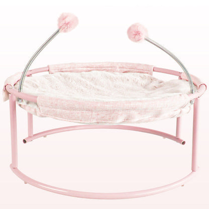 Cat bed hammock pink on curved pink stand with fluffy pom-pom toys by Sell My Stuff on Tampa Home & Garden Store