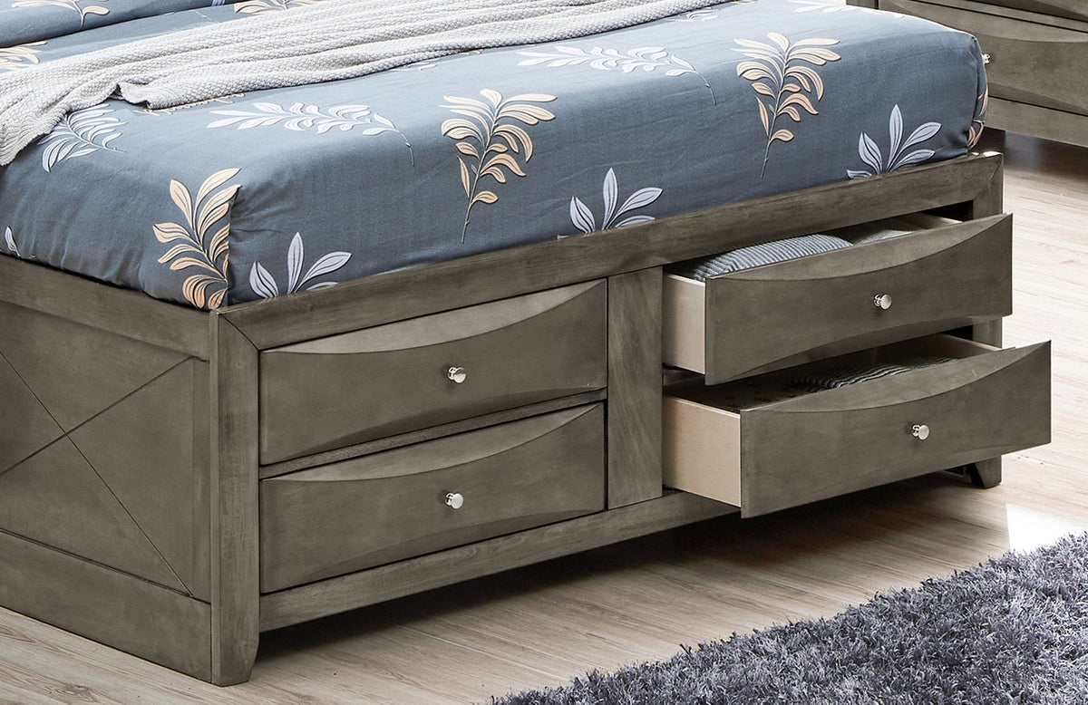 Modern gray wood storage bed with six drawers and blue floral bedding on Tampa Home & Garden Store