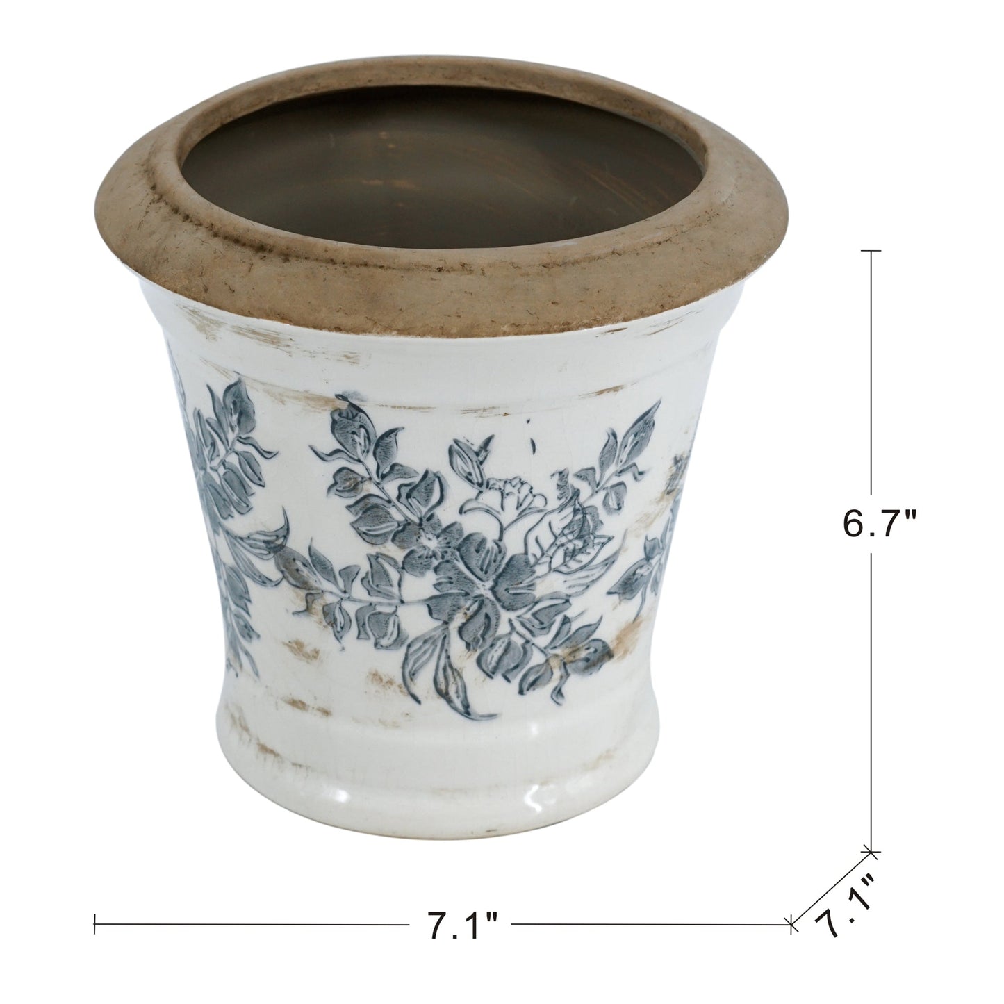 Ceramic planter with blue floral pattern on white, brown rim, set of 2 HouseOfZazla on Tampa Home & Garden Store