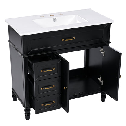 Bathroom vanity with sink, black freestanding cabinet, white top, brass pulls HouseOfZazla on Tampa Home & Garden Store