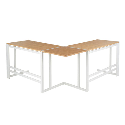 Three-piece industrial L-shaped desk set with bamboo wood tops in white frames by HouseOfZazla on Tampa Home & Garden Store