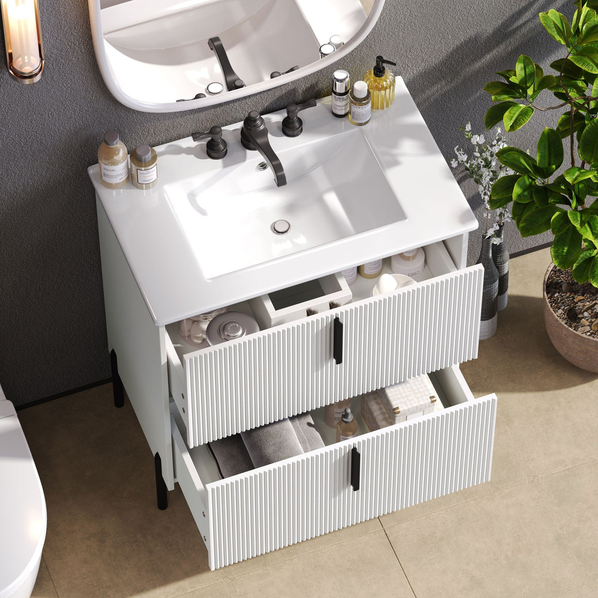 Bathroom vanity with ceramic sink and fluted white cabinet, dark green trim, HouseOfZazla on Tampa Home & Garden Store