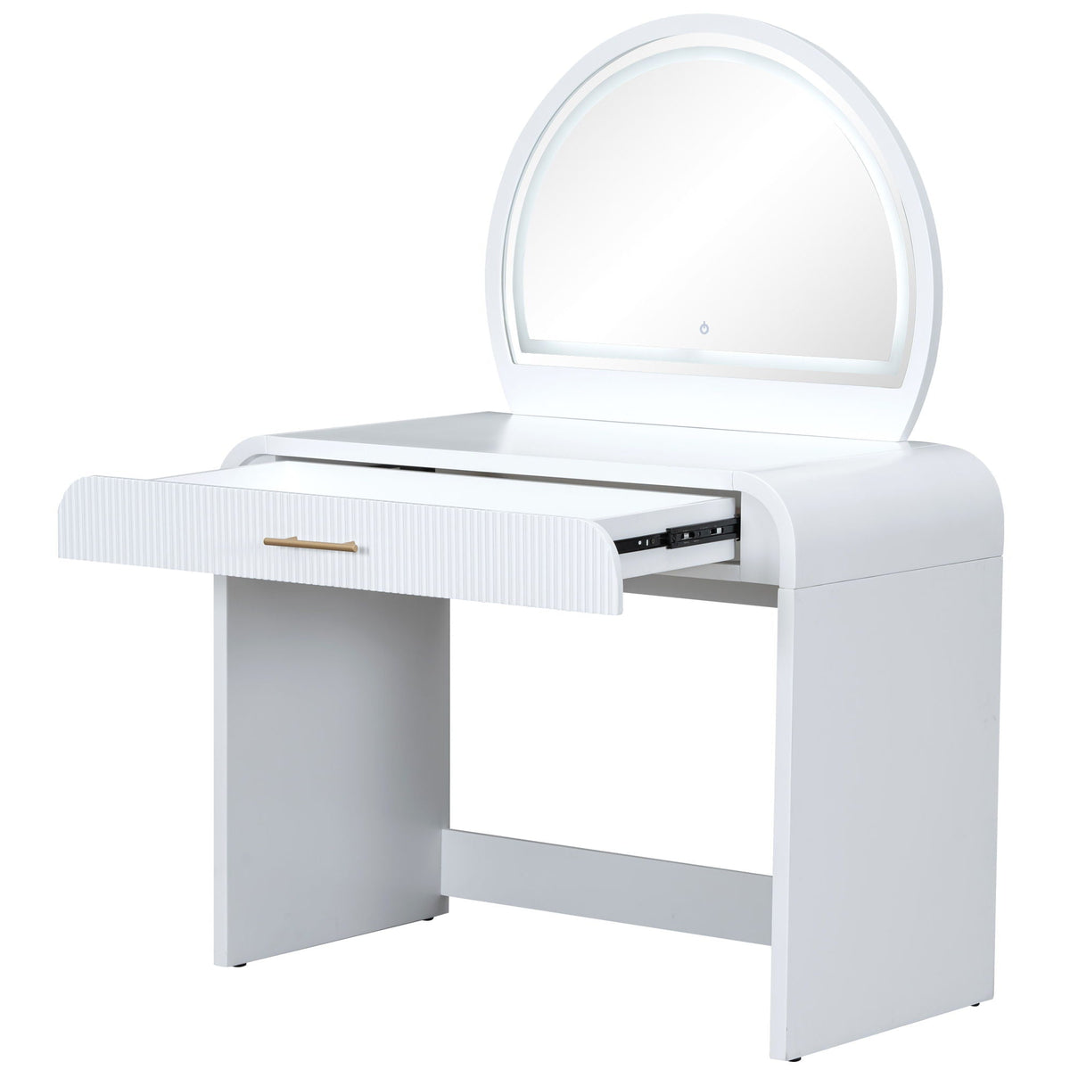 Makeup vanity table with round lighted mirror, white finish, ribbed drawer on Tampa Home & Garden Store