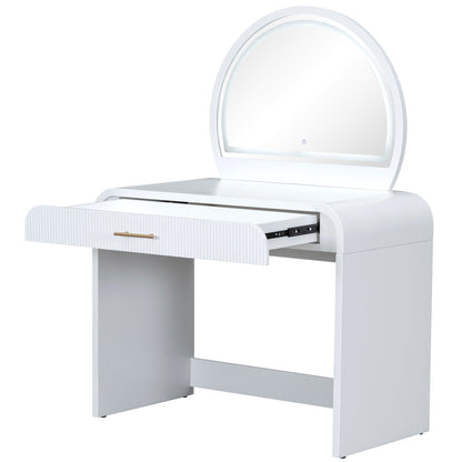 Makeup vanity table with round lighted mirror, white finish, ribbed drawer on Tampa Home & Garden Store