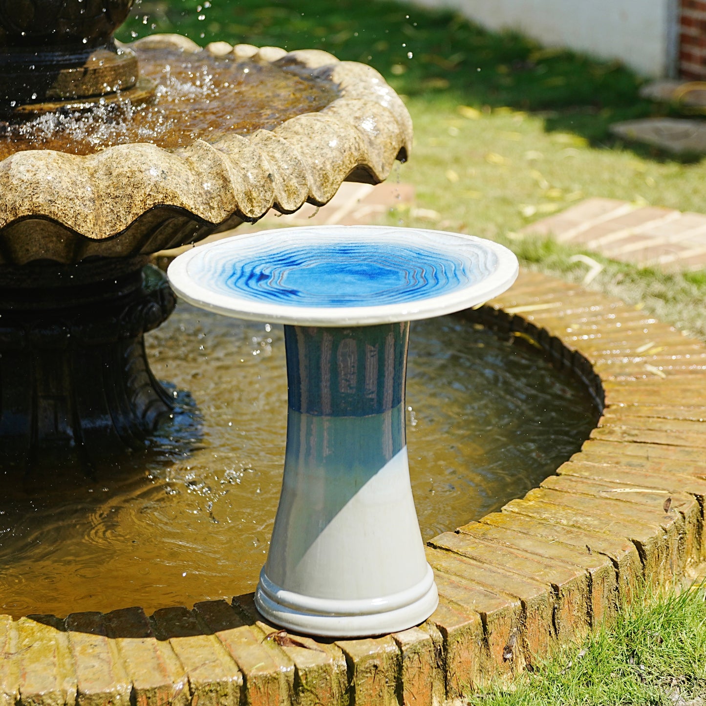 Handmade glazed ceramic bird bath with blue interior bowl HouseOfZazla on Tampa Home & Garden Store