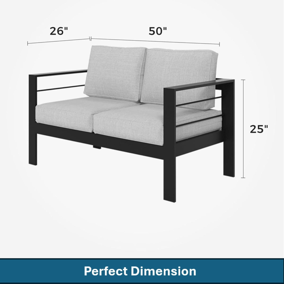 All-weather patio loveseat with thick gray cushions and black metal frame on Tampa Home & Garden Store