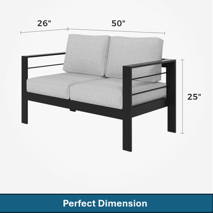 All-weather patio loveseat with thick gray cushions and black metal frame on Tampa Home & Garden Store