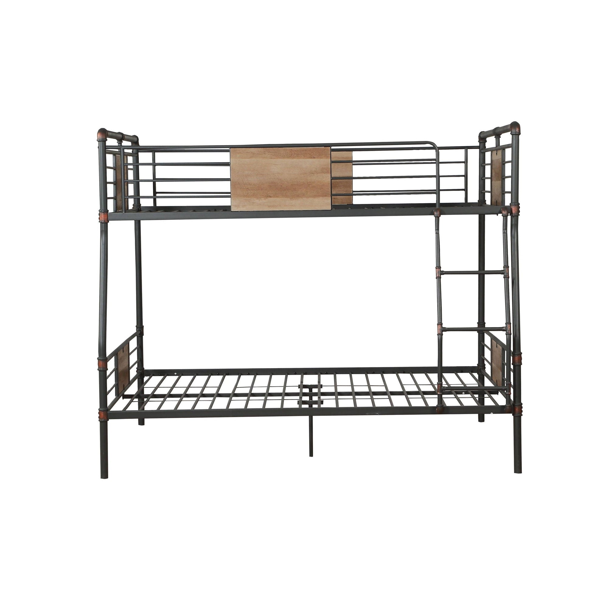 Brantley full-long/queen bunk bed in black metal with wood panel accents on guard rails on Tampa Home & Garden Store