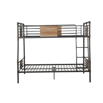 Brantley full-long/queen bunk bed in black metal with wood panel accents on guard rails on Tampa Home & Garden Store