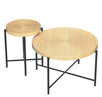 Coffee and end table set with natural wood round tops and black metal legs set of 2 on Tampa Home & Garden Store