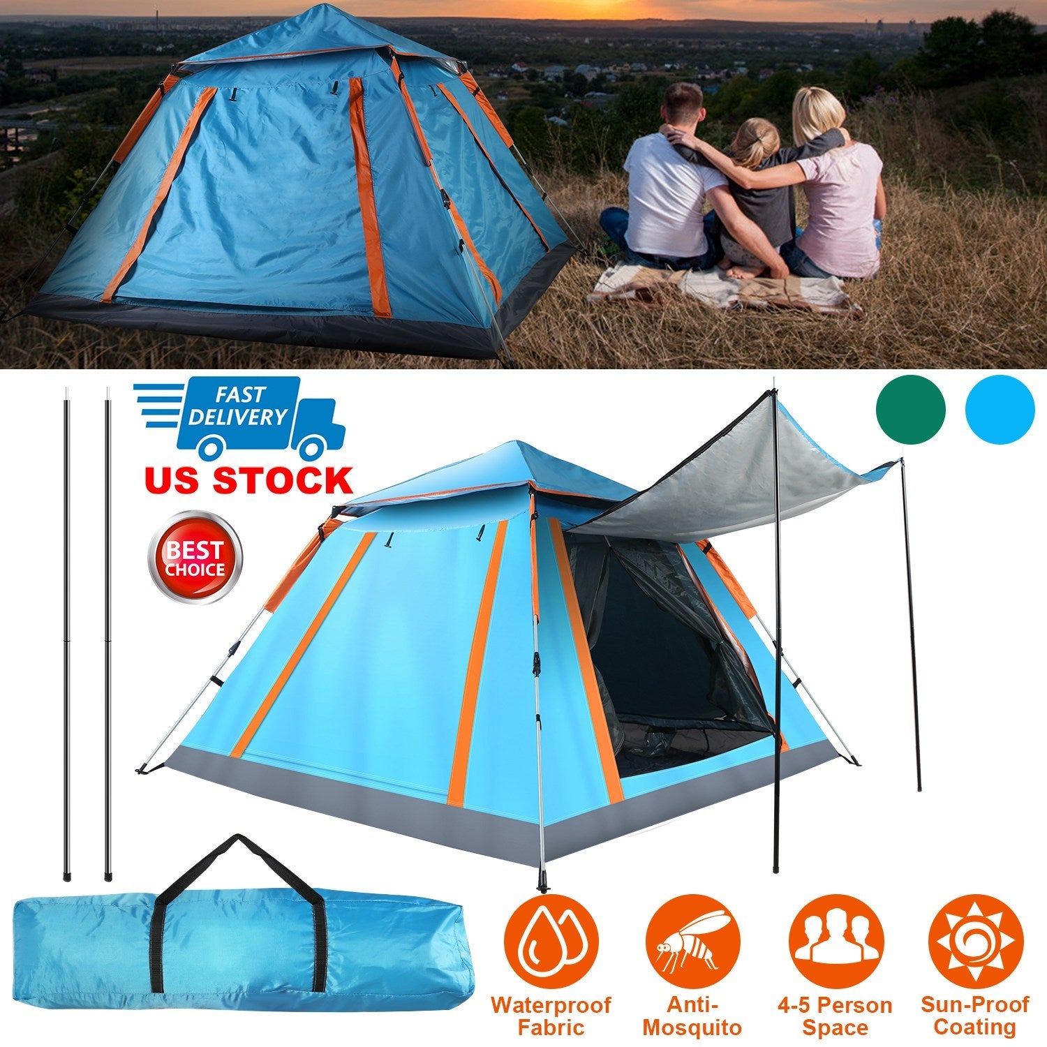 GemGear blue 4-5 person camping tent with orange trim, waterproof fabric and mosquito nets on Tampa Home & Garden Store