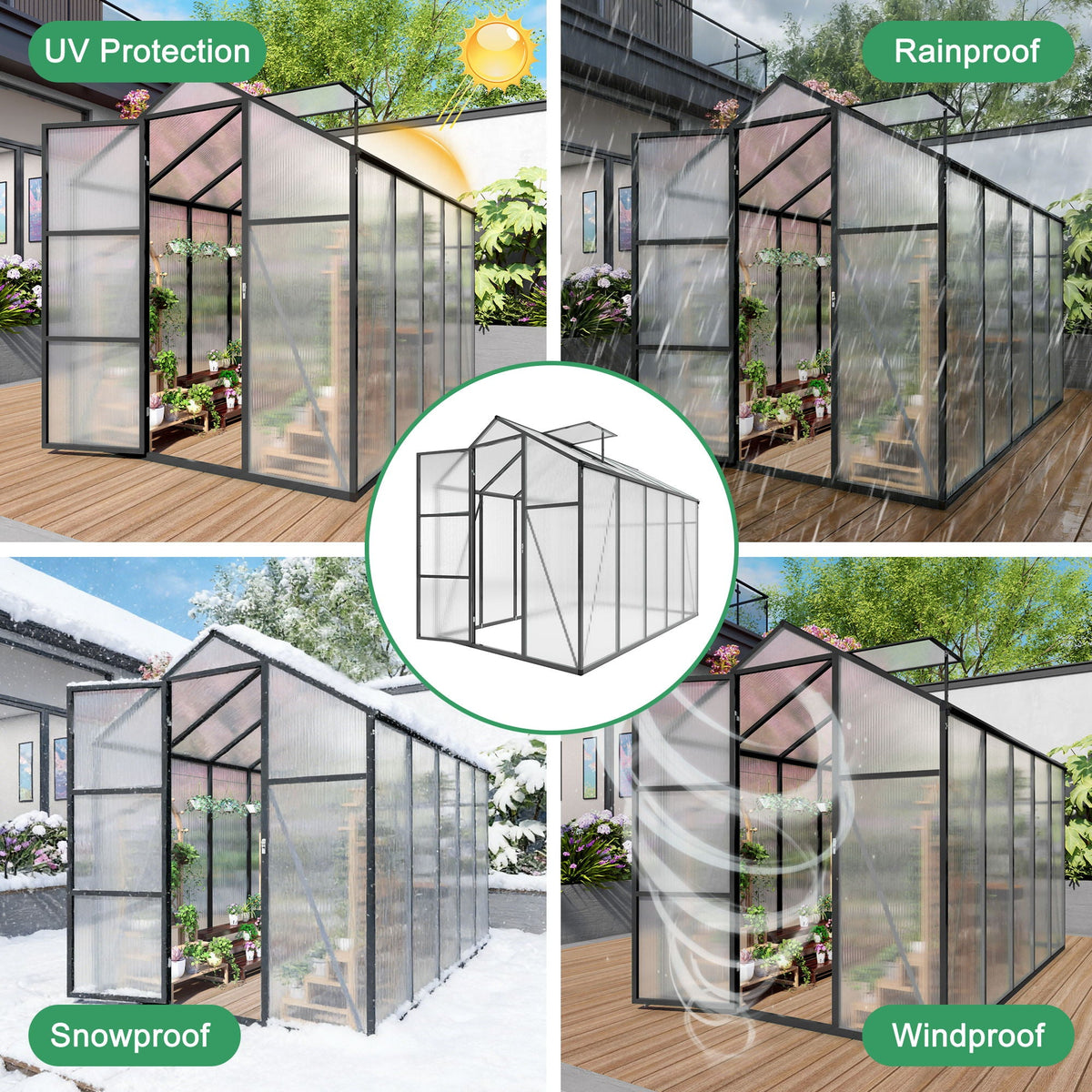 Windproof greenhouse with raised base by HouseOfZazla - black frame, polycarbonate panels on Tampa Home & Garden Store