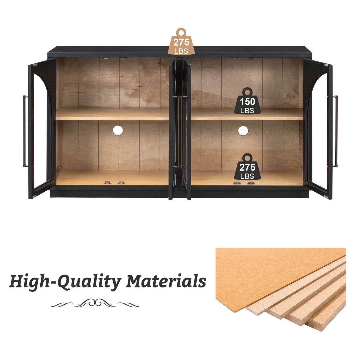 4-Door Large Storage Sideboard Buffet Cabinet with Glass Doors Arched Black HouseOfZazla on Tampa Home & Garden Store