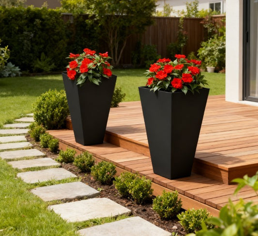 Tall Plant Pot 2-Pack black tapered outdoor planters with drainage holes on a wooden deck on Tampa Home & Garden Store