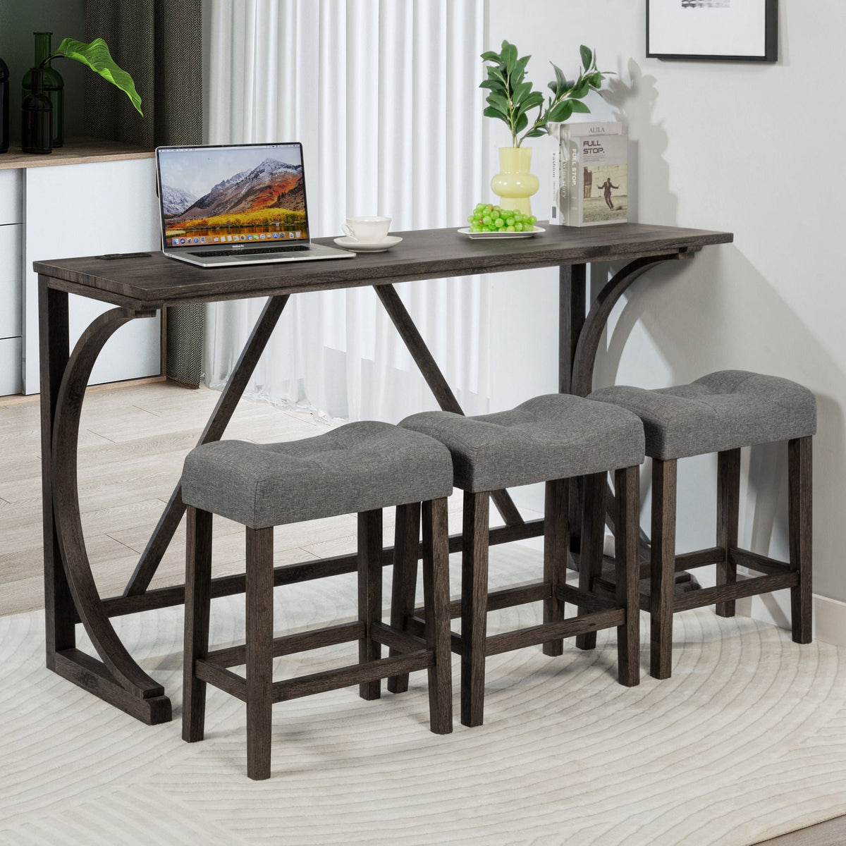Bar Table Set With 3 Padded Stools in dark wood with gray upholstered seats by HouseOfZazla on Tampa Home & Garden Store
