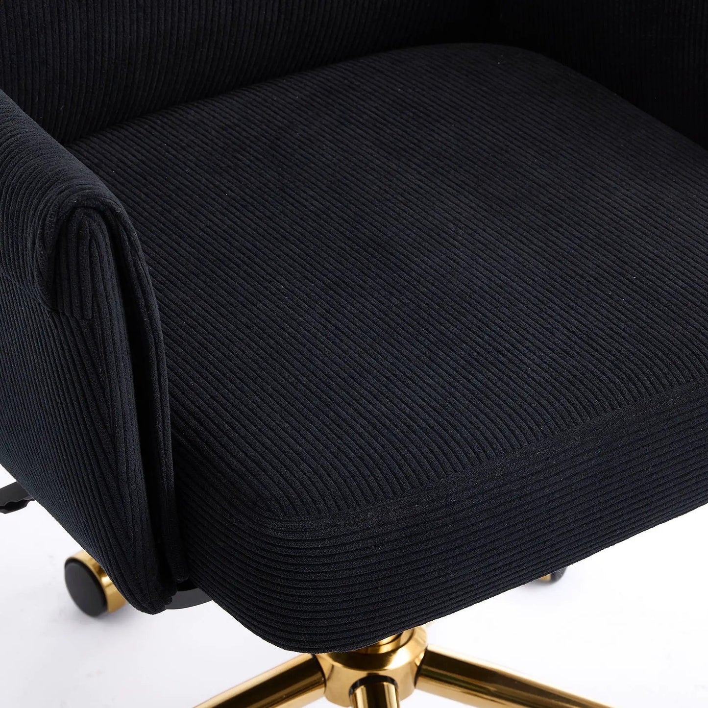 Ergonomic Mid Back Office Chair in black corduroy fabric with gold metal base and caster wheels on Tampa Home & Garden Store