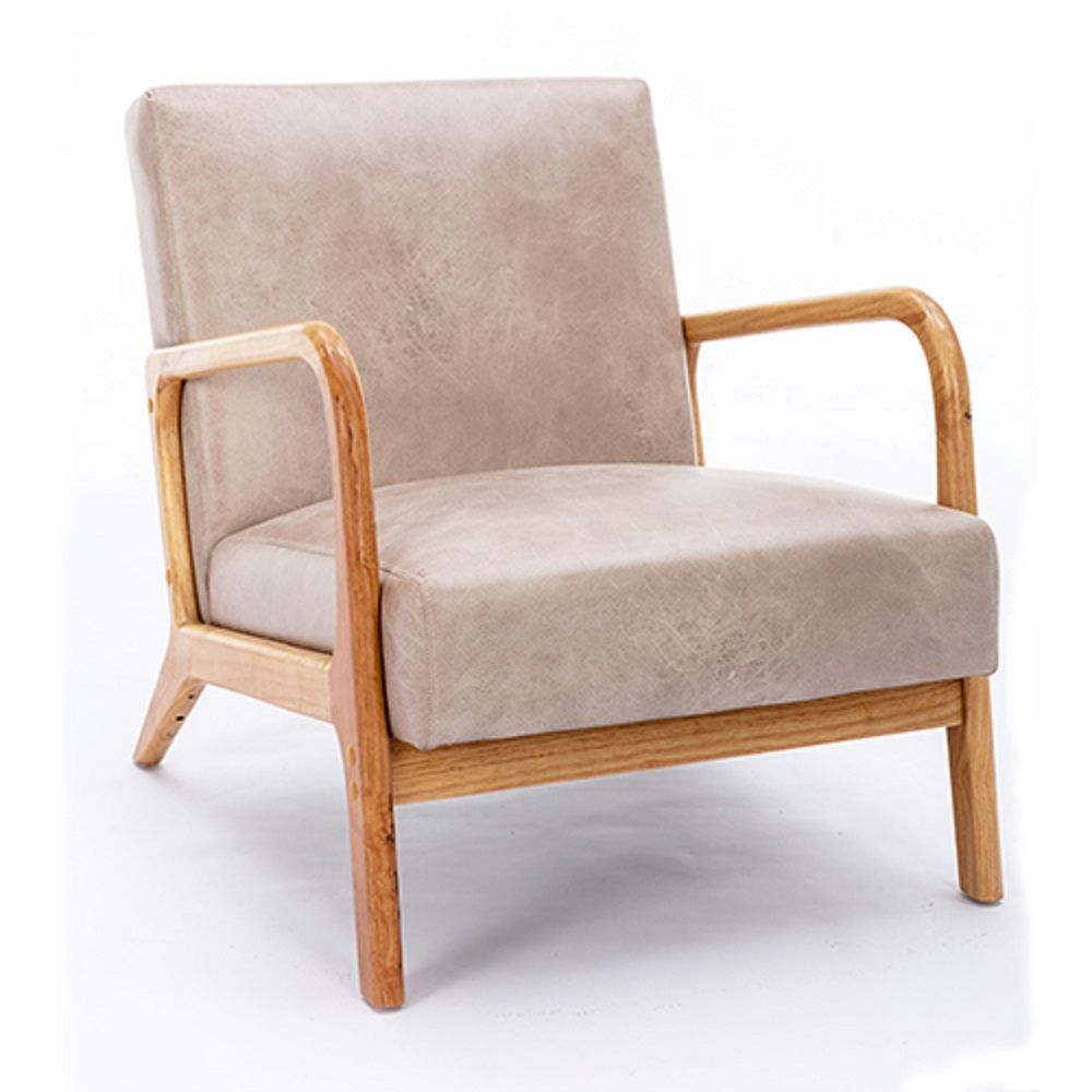 Arm chair with beige upholstery and open wooden frame in mid-century style on Tampa Home & Garden Store