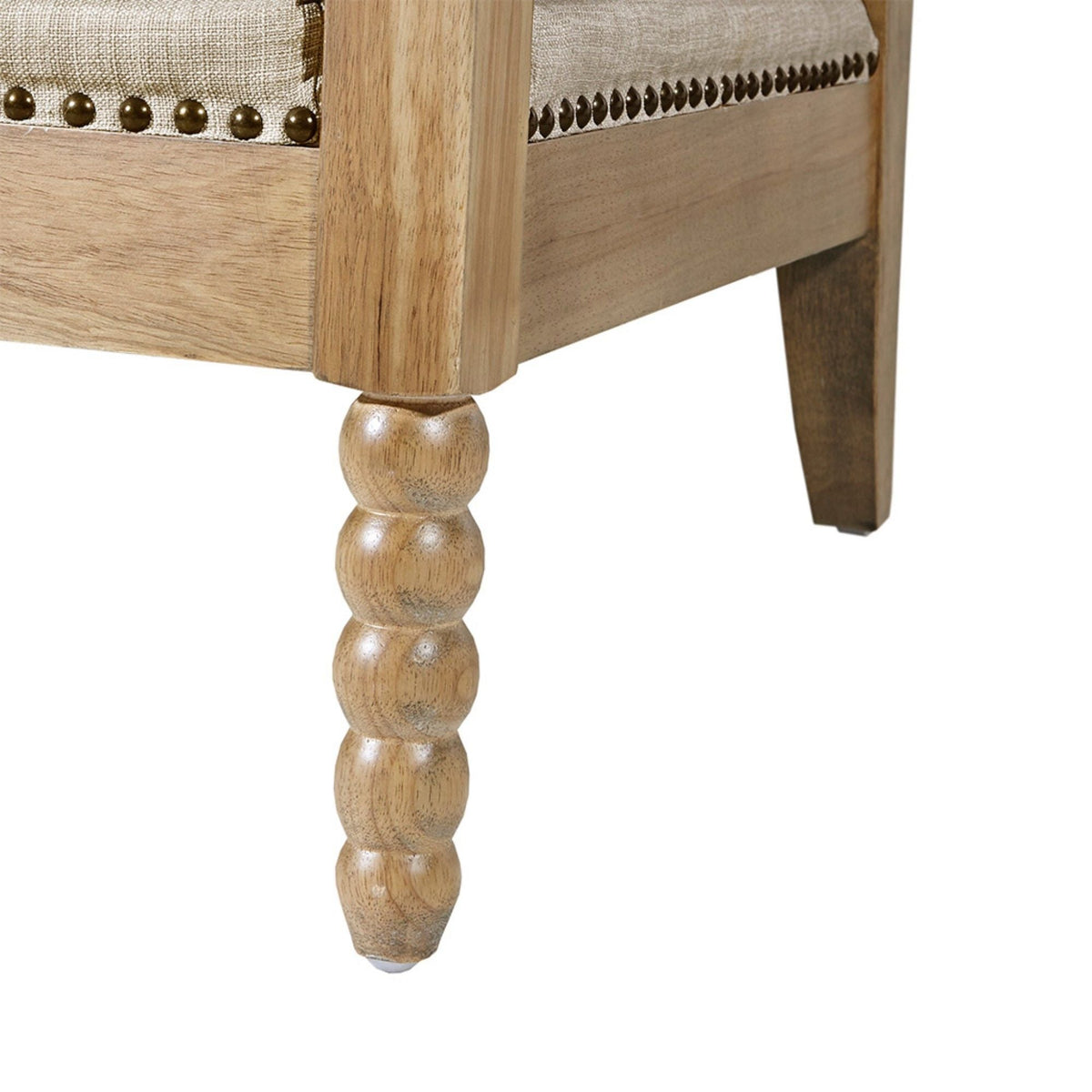 Open Back Spindle Arm Chair – blue beige gray upholstery, natural wood legs on Tampa Home & Garden Store
