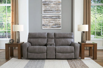 Next-Gen Durapella reclining sectional in grey fabric with two wooden end tables on Tampa Home & Garden Store