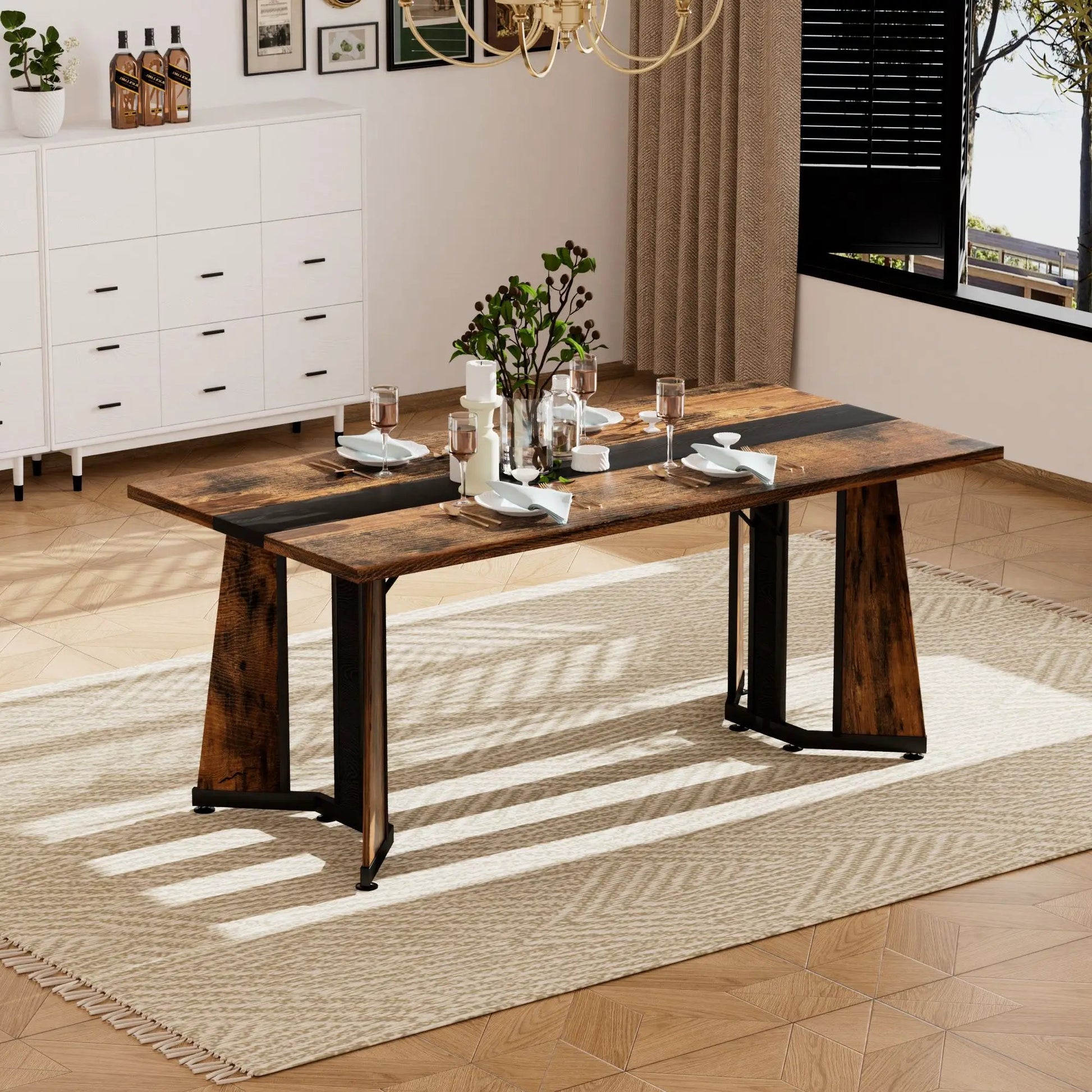 Rustic rectangular dining table with waterproof finish for 8, black steel adjustable legs on Tampa Home & Garden Store
