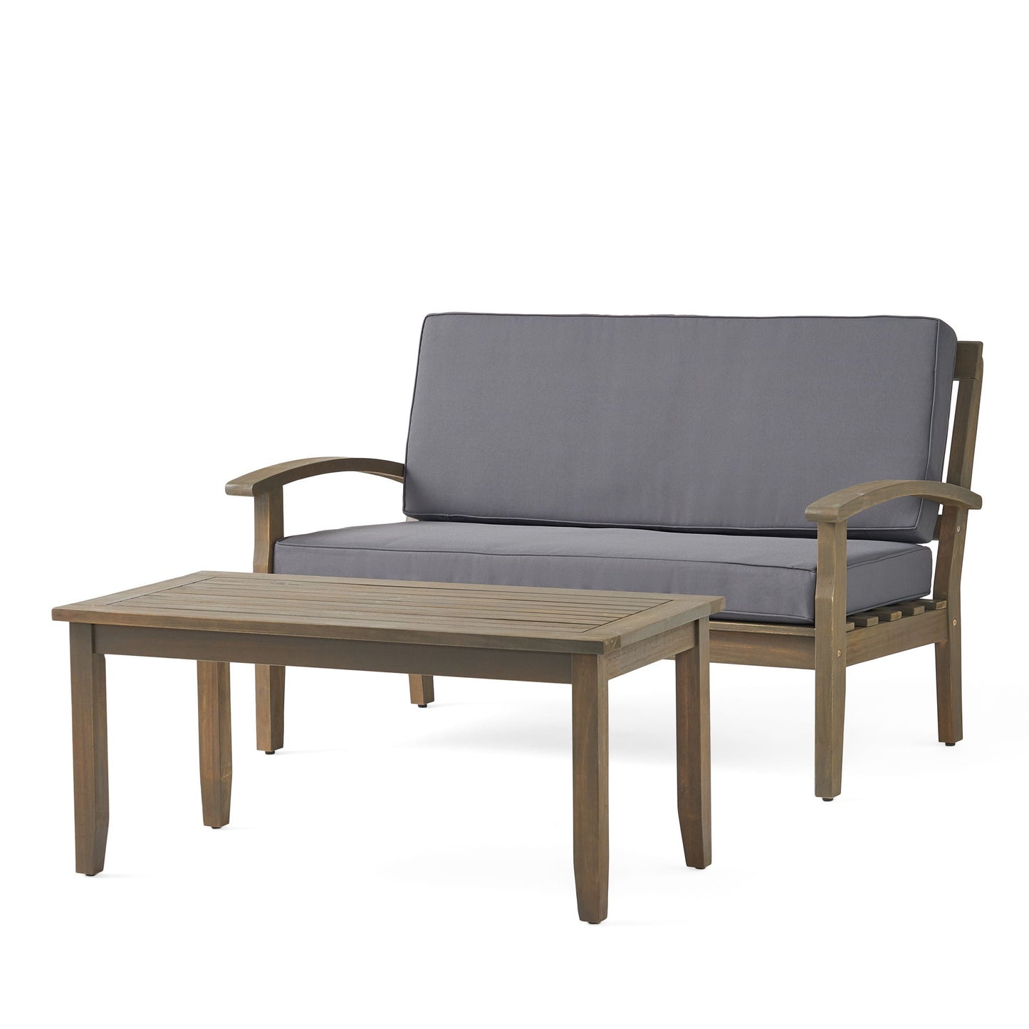 Outdoor chat set with loveseat and coffee table, HouseOfZazla, gray cushions, wood frame on Tampa Home & Garden Store
