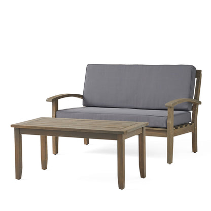 Outdoor chat set with loveseat and coffee table, HouseOfZazla, gray cushions, wood frame on Tampa Home & Garden Store