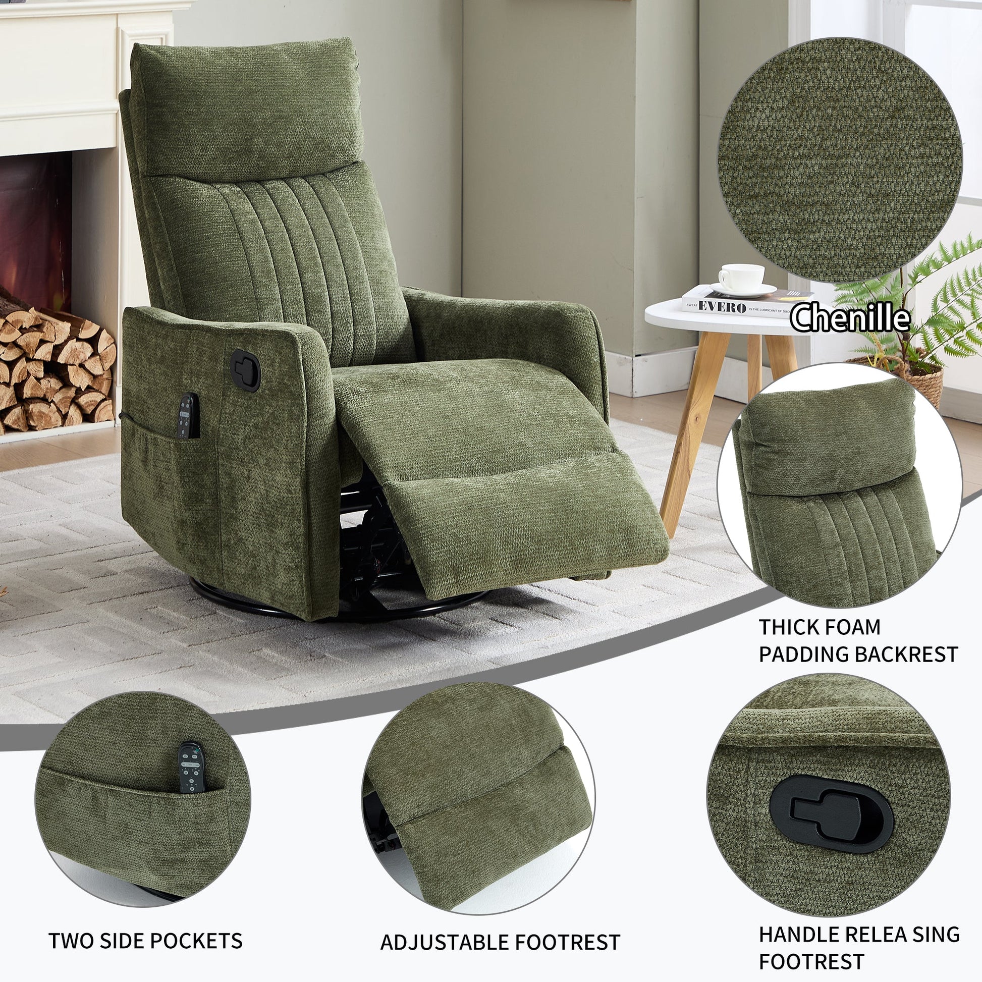 Green heat massage manual recliner chair by HouseOfZazla with thick foam padding on Tampa Home & Garden Store