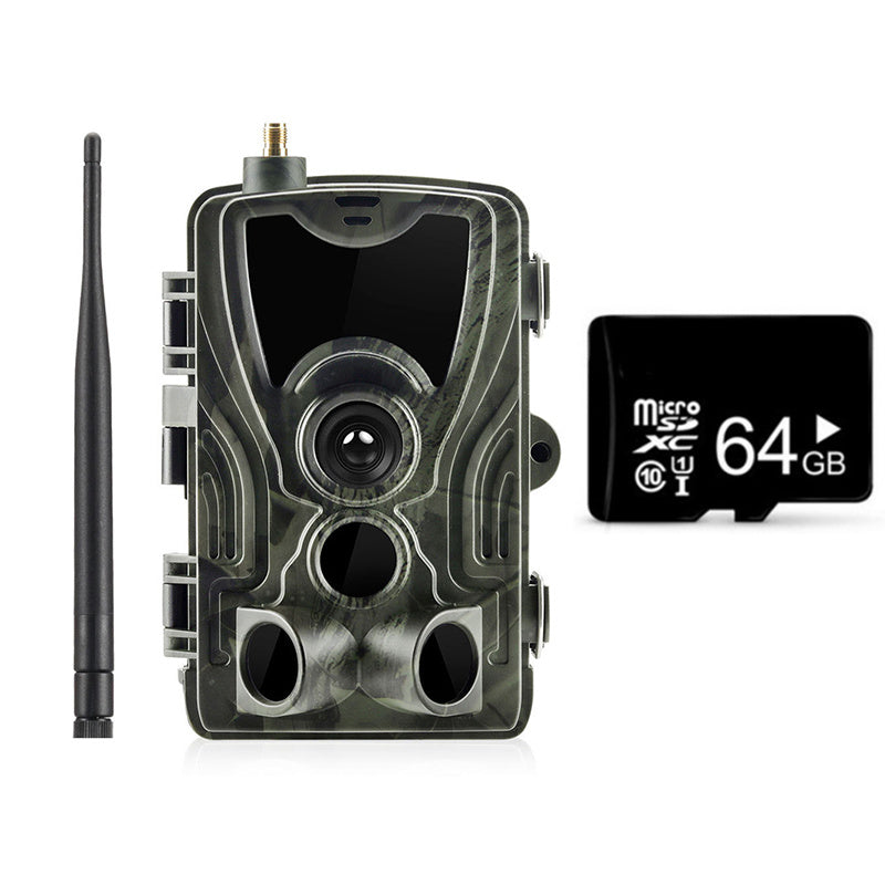 Outdoor Waterproof Surveillance Camera 2G with camo housing, antenna, and 64GB microSD card on Tampa Home & Garden Store