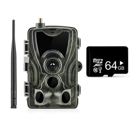 Outdoor Waterproof Surveillance Camera 2G with camo housing, antenna, and 64GB microSD card on Tampa Home & Garden Store