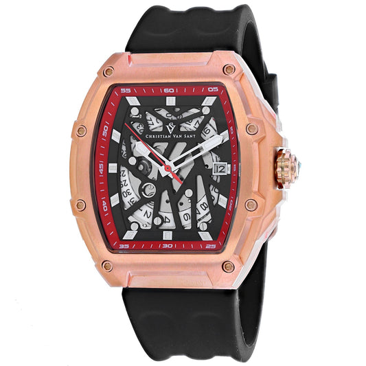 Christian Van Sant Odyssey watch with rose-gold skeleton case, red inner bezel, black strap on Tampa Home & Garden Store