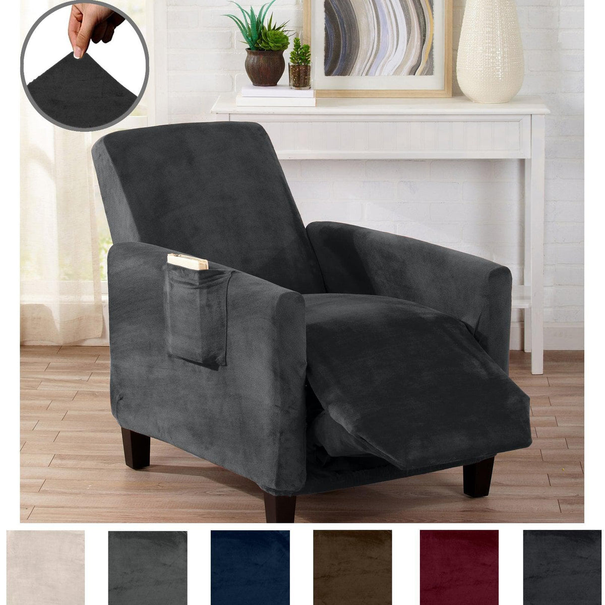 Velvet Stretch Slipcover Gale Collection for chair in charcoal gray by Great Bay Home on Tampa Home & Garden Store