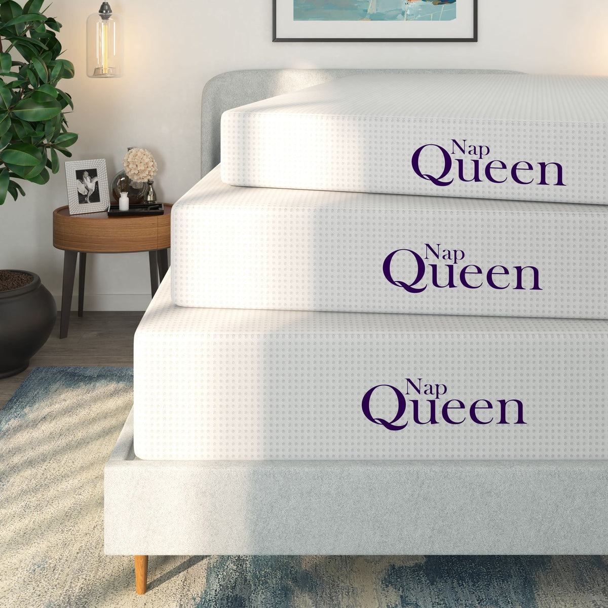 12-inch memory foam mattress by HouseOfZazla with Nap Queen branding, stacked triple on Tampa Home & Garden Store