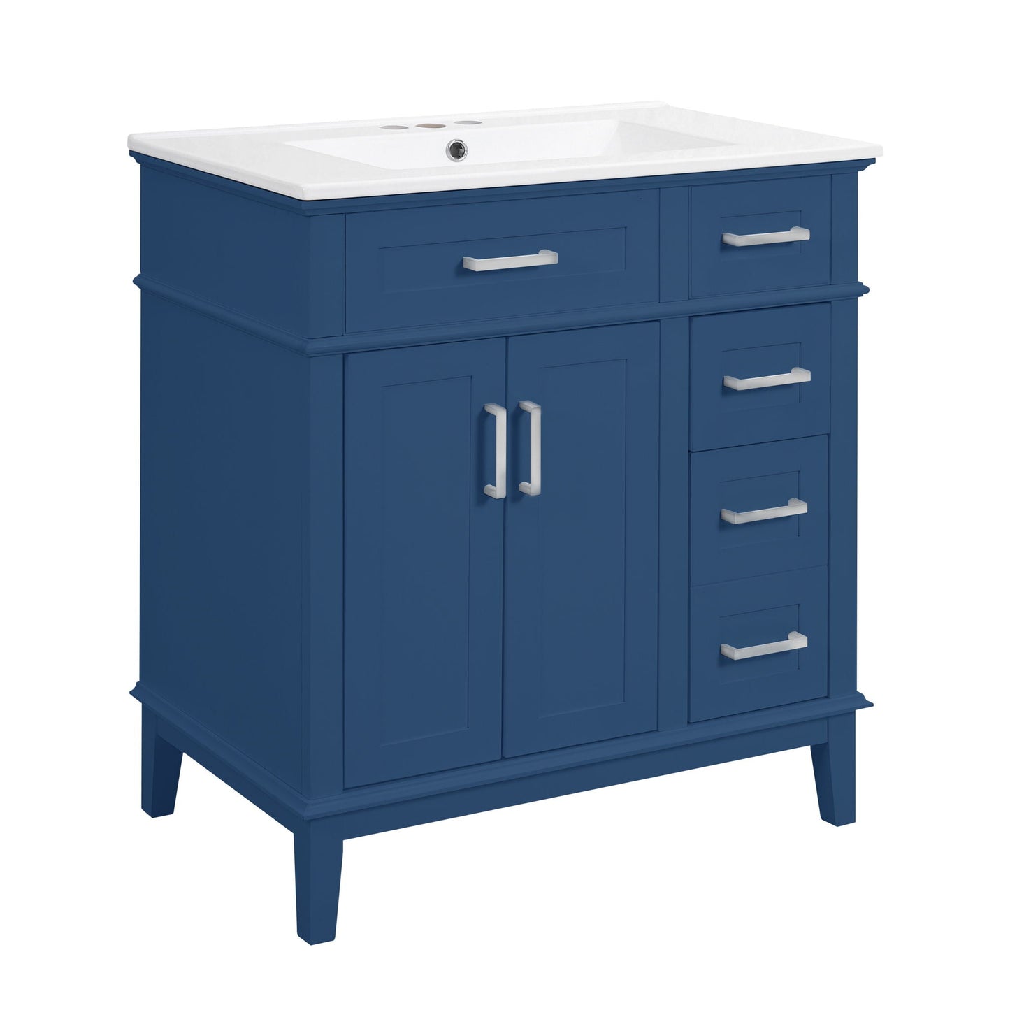 Blue modern bathroom vanity with white sink top and multiple drawers for storage on Tampa Home & Garden Store