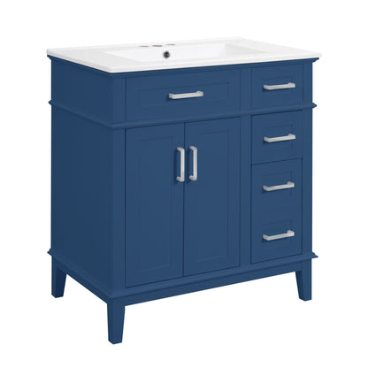 Blue modern bathroom vanity with white sink top and multiple drawers for storage on Tampa Home & Garden Store