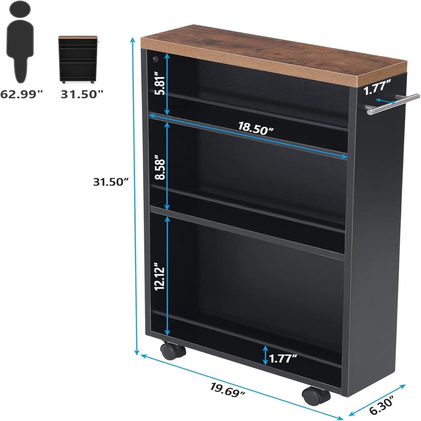 4-Tier Narrow Rolling Kitchen Cart by HouseOfZazla, black body with wood top on wheels on Tampa Home & Garden Store