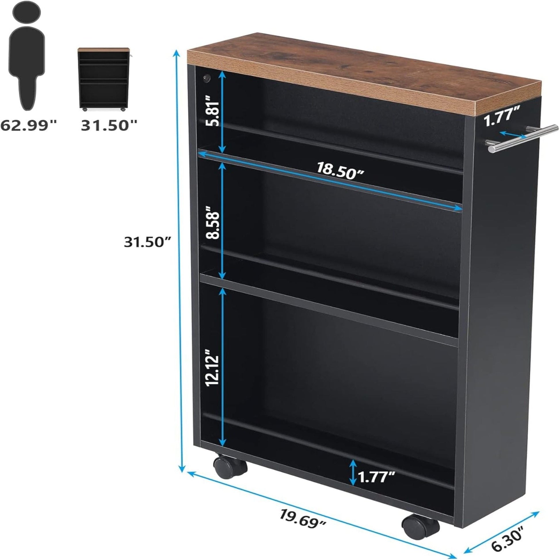 4-Tier Narrow Rolling Kitchen Cart by HouseOfZazla, black body with wood top on wheels on Tampa Home & Garden Store