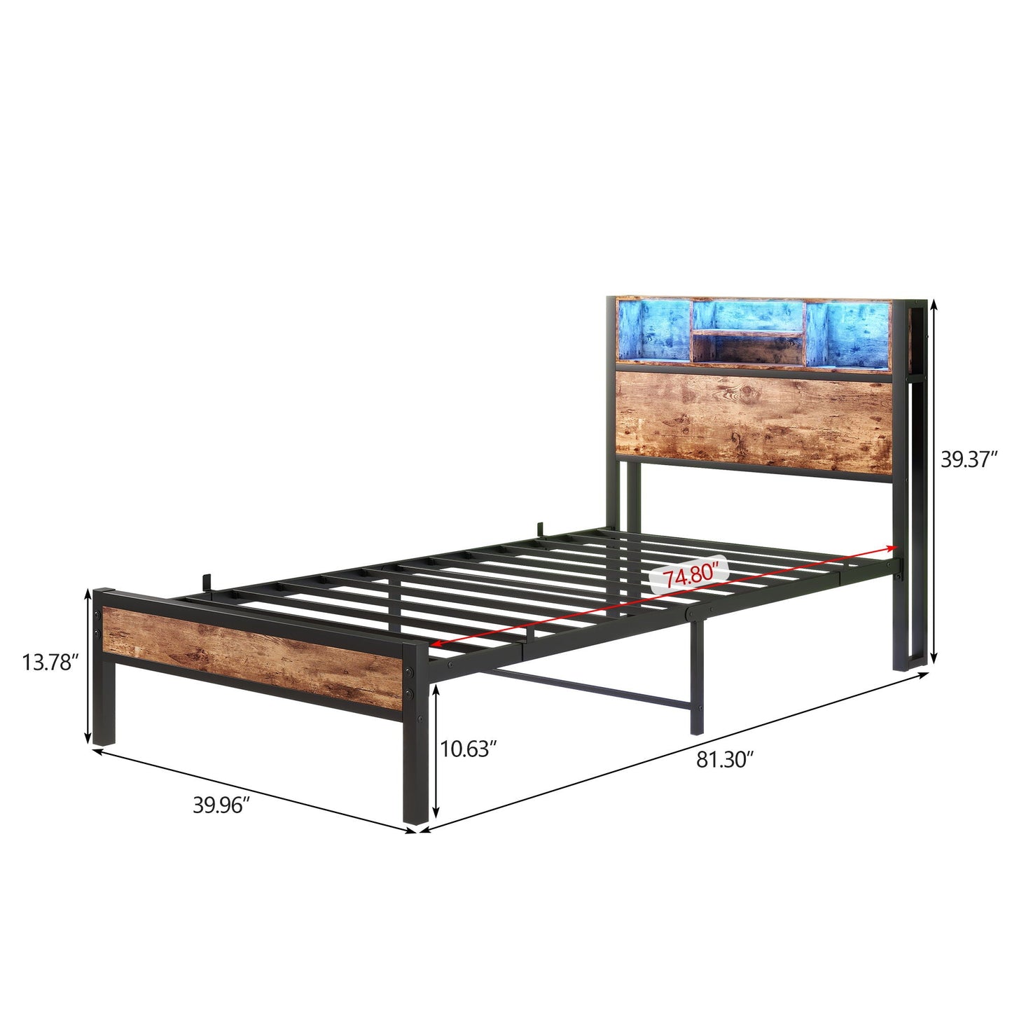 Twin size metal platform bed frame with brown wood headboard and blue fabric bags on Tampa Home & Garden Store