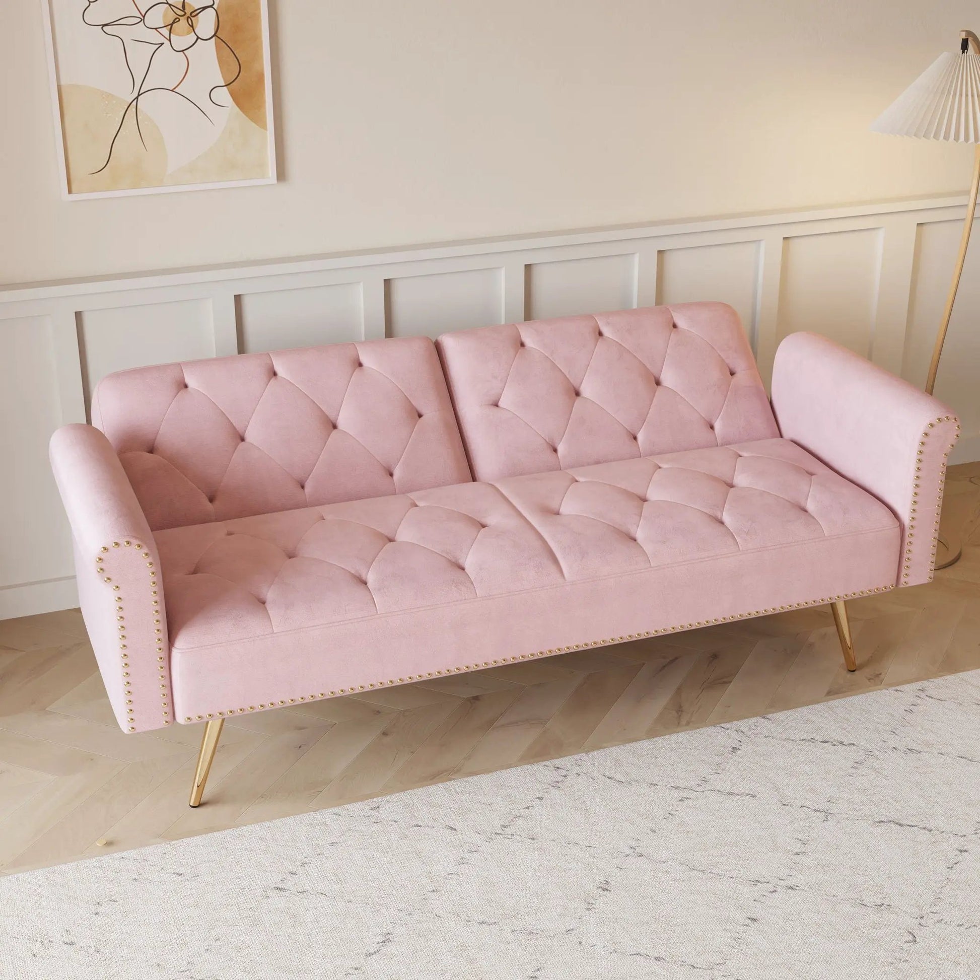 Luxurious pink velvet futon sofa bed with nailhead trim and matching pillow Unique Piece on Tampa Home & Garden Store