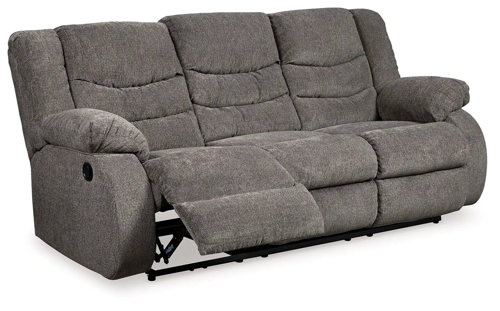 Reclining Tulen sofa in gray textured fabric with plush back cushions and padded arms on Tampa Home & Garden Store
