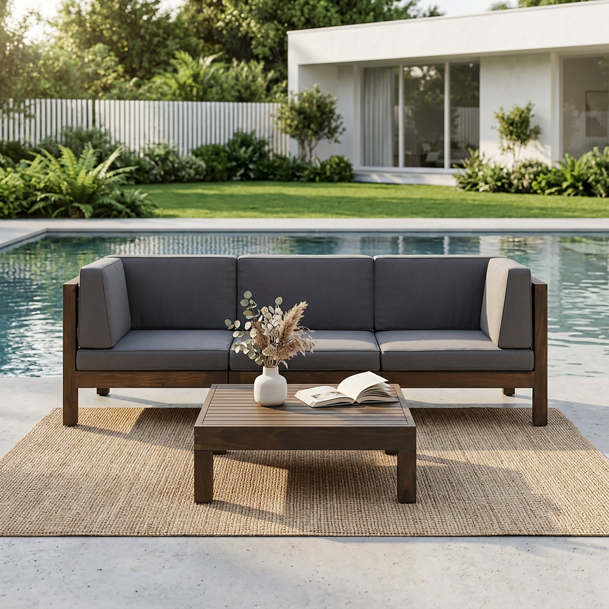 Oana 4-Piece Patio Sofa Set with Coffee Table in dark cushions and wood frame by pool on Tampa Home & Garden Store