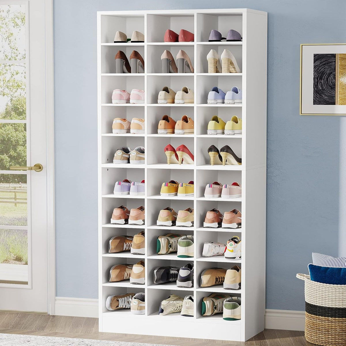 10-tier shoe storage cabinet with 30 cubbies in white by HouseOfZazla, filled with sneakers on Tampa Home & Garden Store