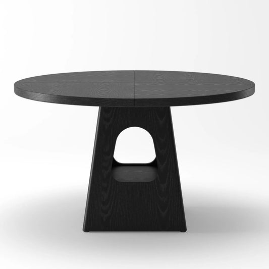 Farmhouse round dining table with storage base in dark wood finish by Unique Piece Furniture on Tampa Home & Garden Store