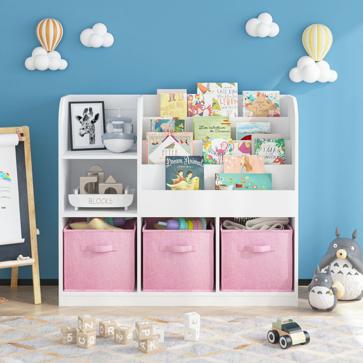 Bookcase and Bookshelf with 3 pink collapsible drawers stocked with kids' books on Tampa Home & Garden Store