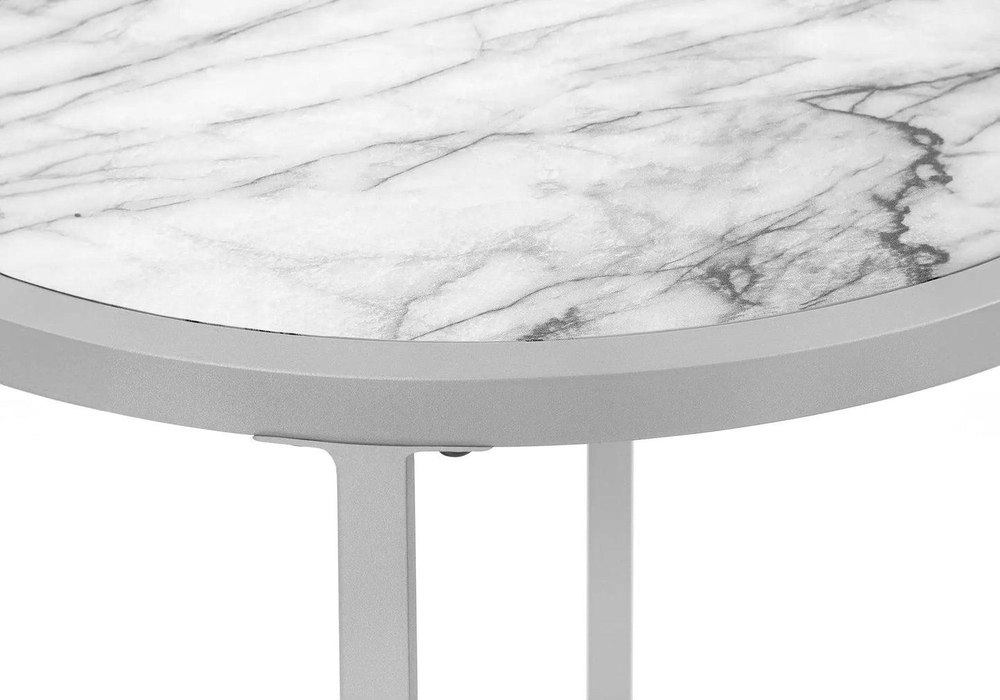 Round accent side table with marble top and light gray metal legs; contemporary design on Tampa Home & Garden Store