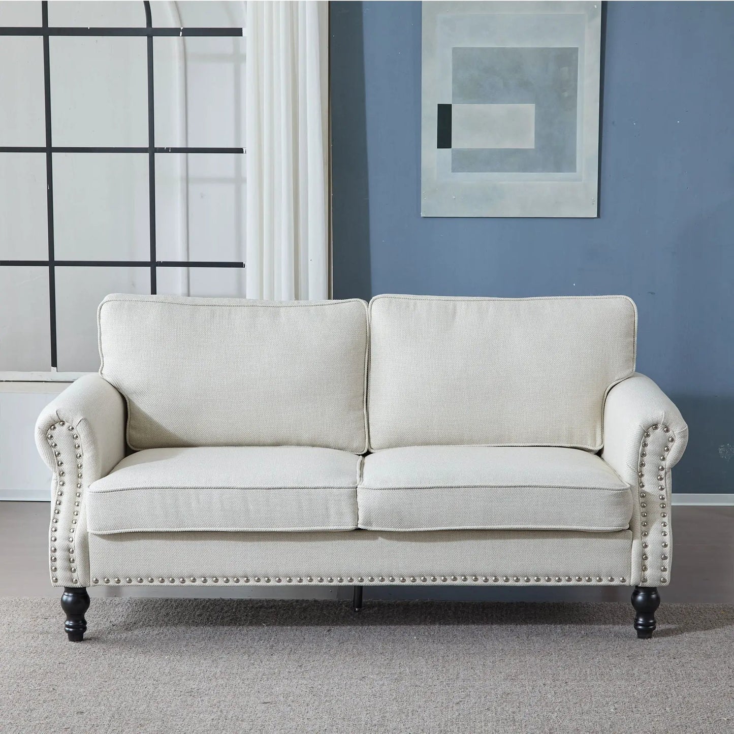 Rolled Arm Sofa With Nailhead Trim With Wooden Legs beige fabric and dark wooden feet by Unique Piece Furniture on Tampa Home & Garden Store