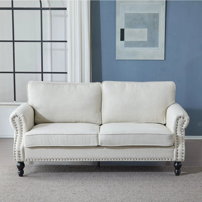 Rolled Arm Sofa With Nailhead Trim With Wooden Legs beige fabric and dark wooden feet by Unique Piece Furniture on Tampa Home & Garden Store