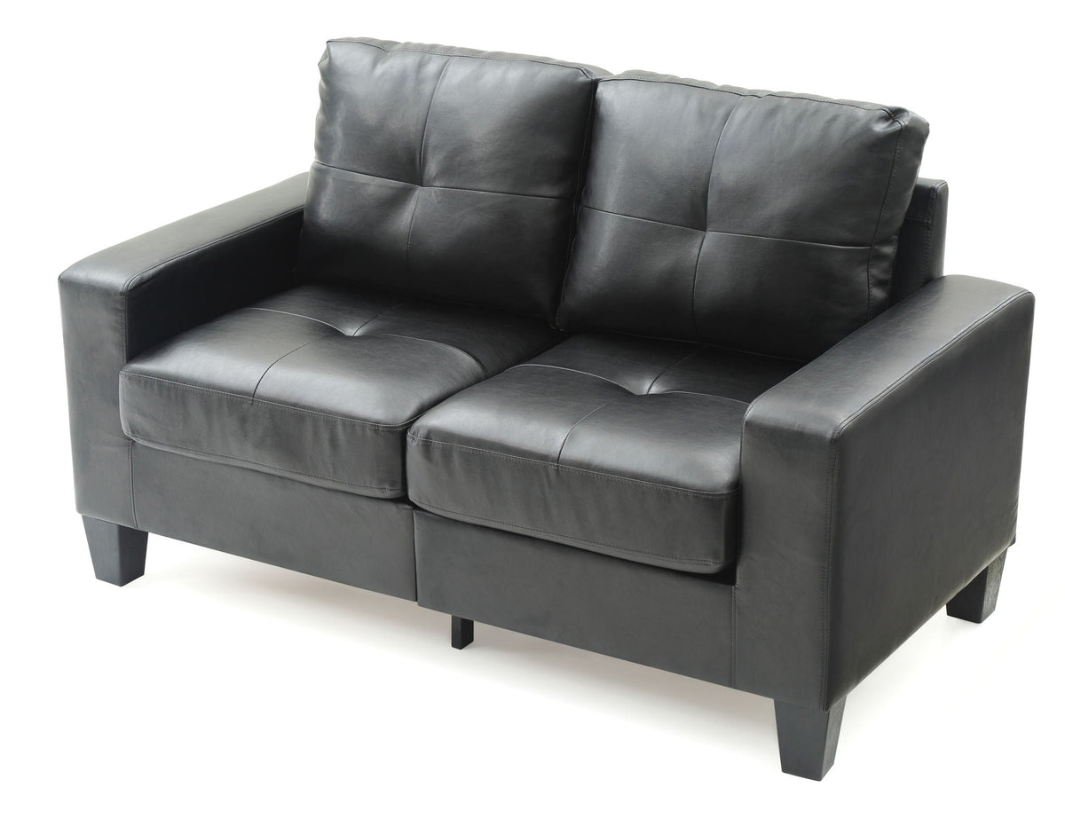 Track Arm Loveseat with Pocket Coil Comfort in black leather; stationary two-seat sofa on Tampa Home & Garden Store