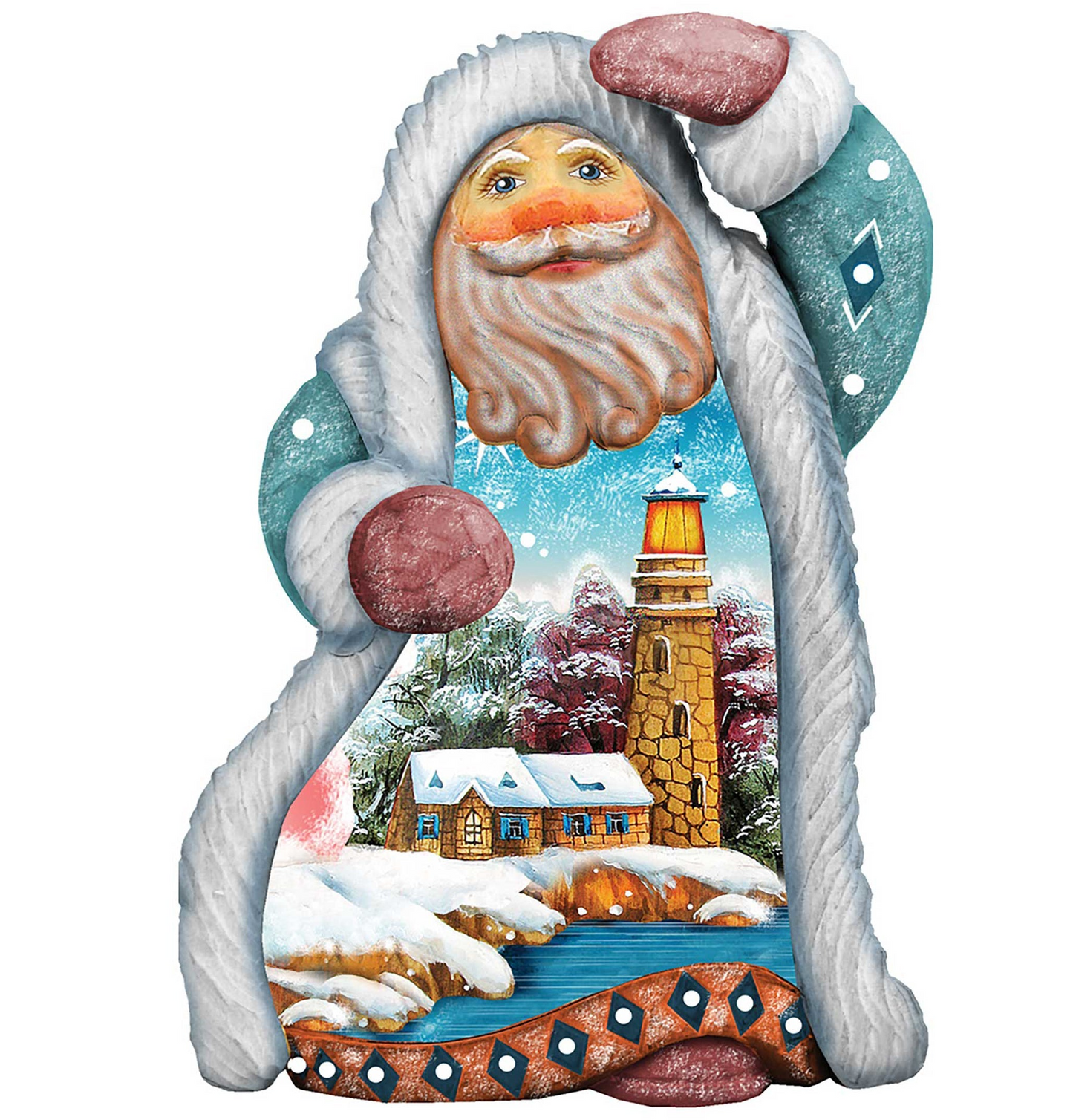 Santa Lighthouse ornament by G. DeBrekht; turquoise coat with winter lighthouse scene on Tampa Home & Garden Store