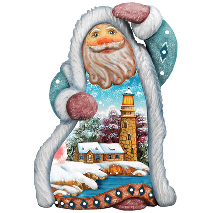 Santa Lighthouse ornament by G. DeBrekht; turquoise coat with winter lighthouse scene on Tampa Home & Garden Store